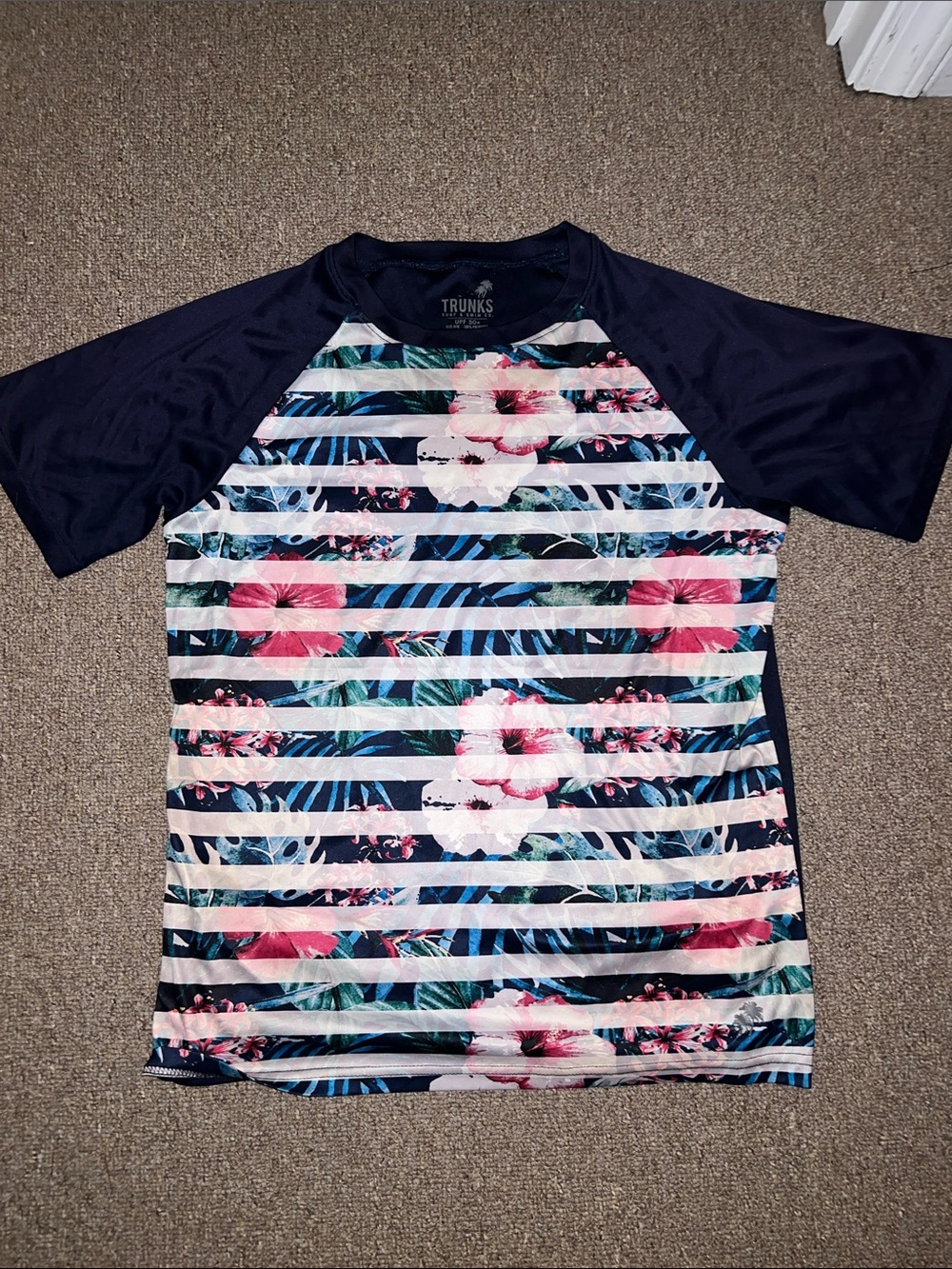 TRUNKS Navy Floral Stripe Men’s Rash Guard Swim Shirt
